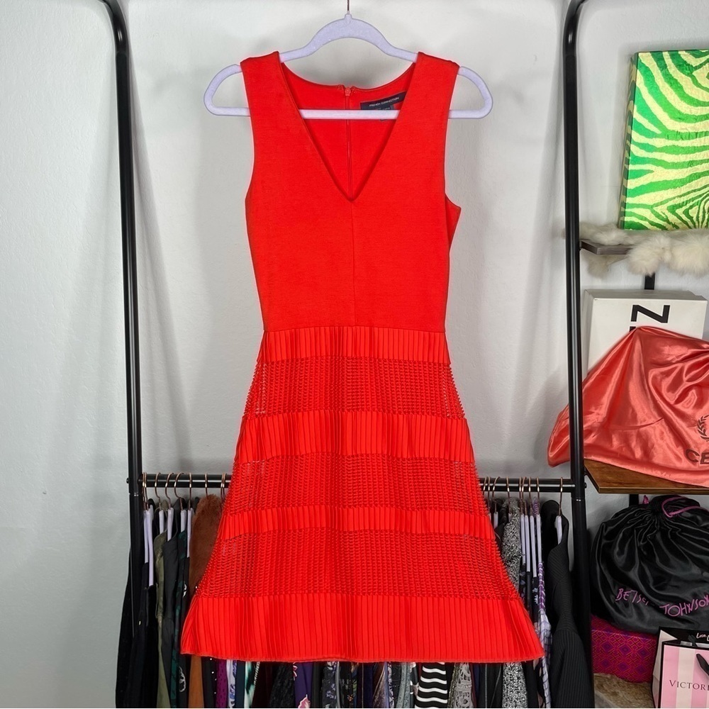 French Connection Orange V Neck A Line Lace Pleat Dress